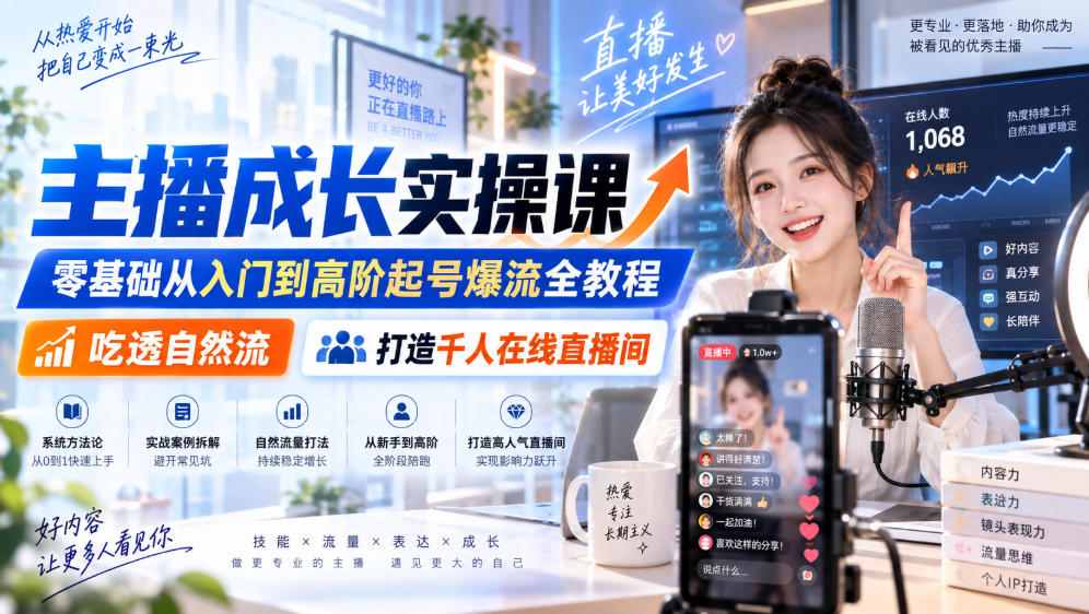 主播成长实操课|零基础从入门到高阶起号爆流全教程,吃透自然流,打造千人在线直播间-聚业
