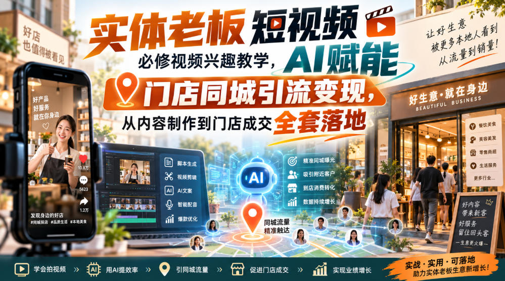 实体老板短视频必修视频兴趣教学,AI赋能门店同城引流变现,AI+短视频+直播打爆实体客流量-聚业