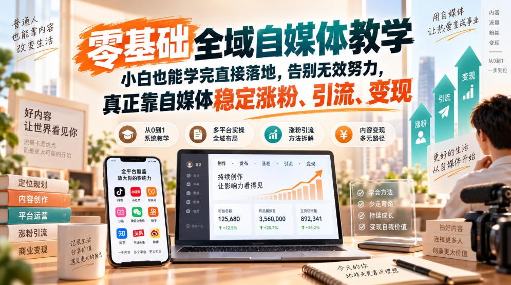 零基础全域自媒体教学，小白也能学完直接落地，告别无效努力，真正靠自媒体稳定涨粉、引流、变现-聚业