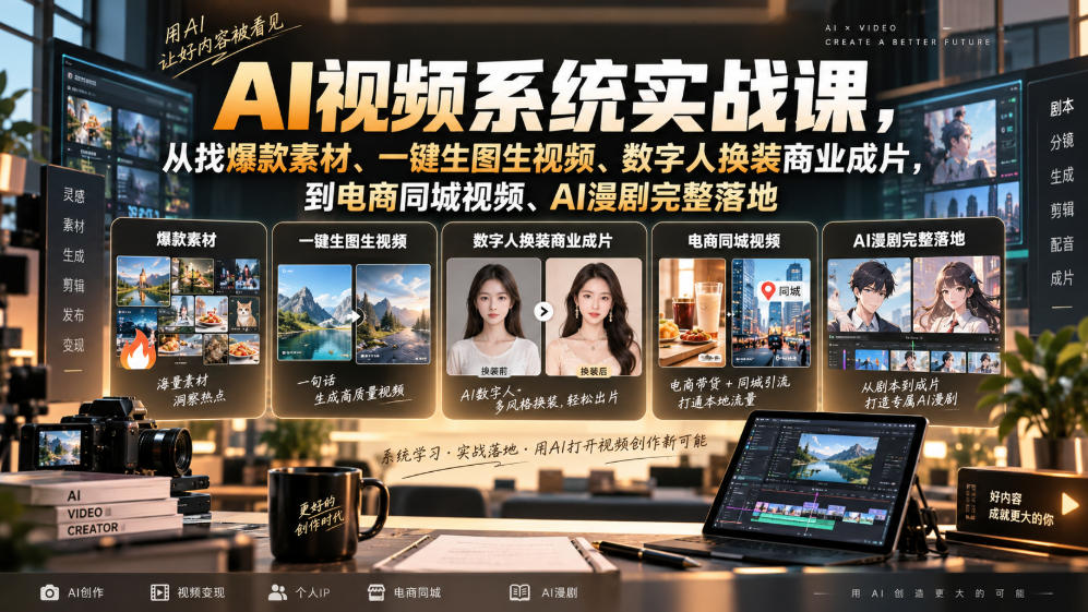 AI视频系统实战课，从找爆款素材、一键生图生视频、数字人换装商业成片，到电商同城视频、AI漫剧完整落地-聚业