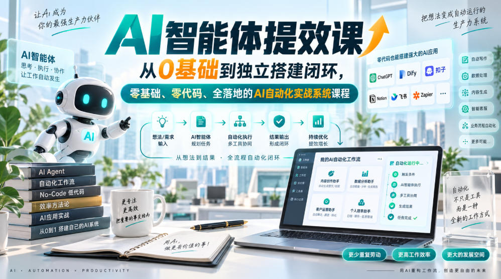 AI智能体提效课，从0基础到独立搭建闭环，零基础、零代码、全落地的AI自动化实战系统课程-聚业