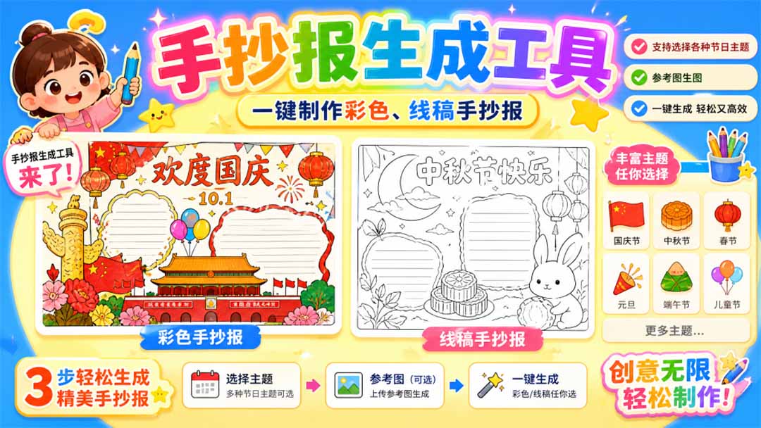 手抄报批量生成工具来了，完全免费，告别豆包生图，这个高清无水印-聚业