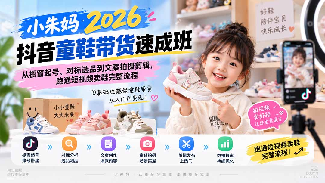 小朱妈2026抖音童鞋带货速成班：从橱窗起号、对标选品到文案拍摄剪辑，跑通短视频卖鞋完整流程-聚业
