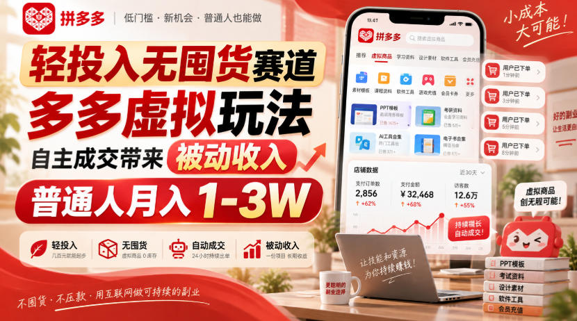 轻投入无囤货赛道，多多虚拟玩法自主成交带来被动收入，普通人月入1-3W-聚业