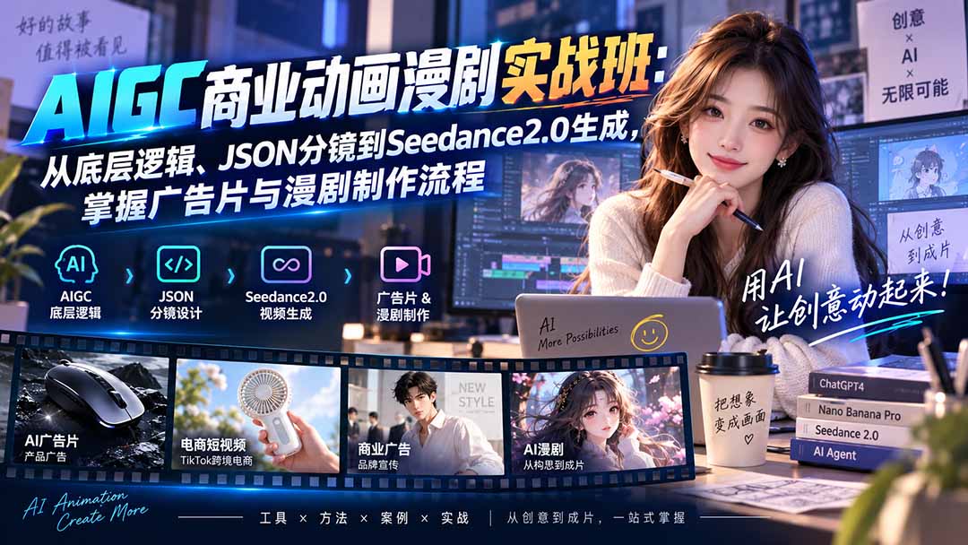 AIGC商业动画漫剧实战班-更新：从底层逻辑、JSON分镜到Seedance2.0生成，掌握广告片与漫剧制作流程-聚业