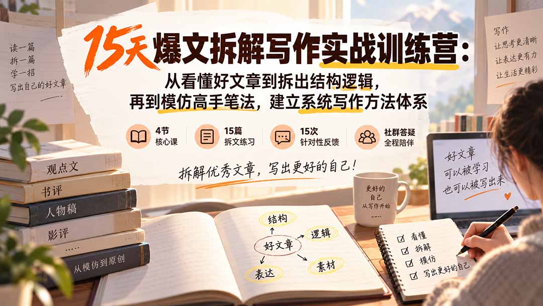 15天爆文拆解写作实战训练营：从看懂好文章到拆出结构逻辑，再到模仿高手笔法，建立系统写作方法体系-聚业