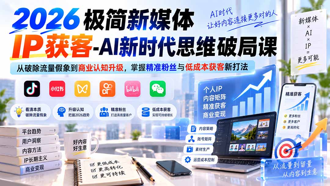 2026极简新媒体IP获客-AI新时代思维破局课：从破除流量假象到商业认知升级，掌握精准粉丝与低成本获客新打法-聚业