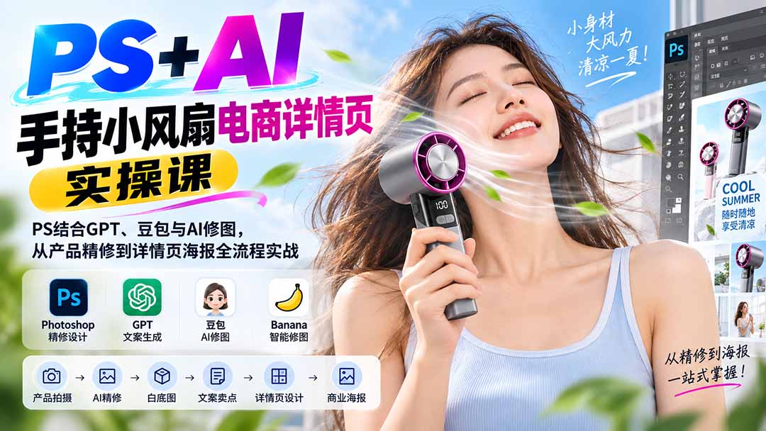PS+AI手持小风扇电商详情页实操课：PS结合GPT、豆包与AI修图，从产品精修到详情页海报全流程实战-聚业