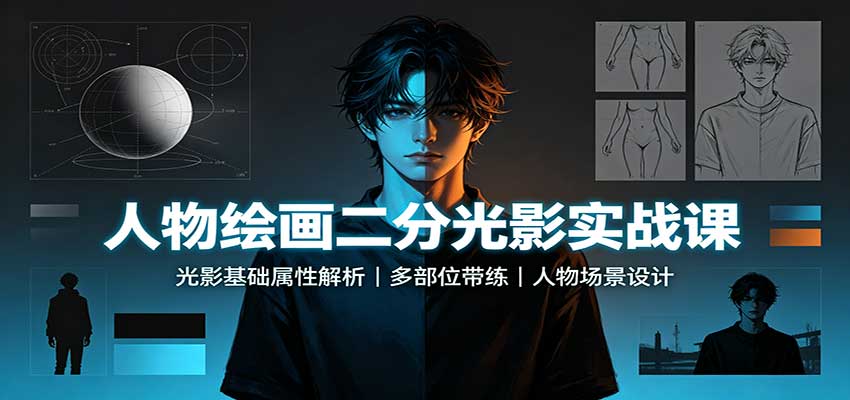 人物绘画二分光影实战课：光影基础属性解析，多部位带练，人物场景设计-聚业
