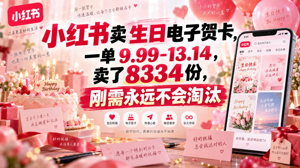 小红书卖生日电子贺卡，一单9.99-13.14，卖了8334份，刚需永远不会淘汰-聚业