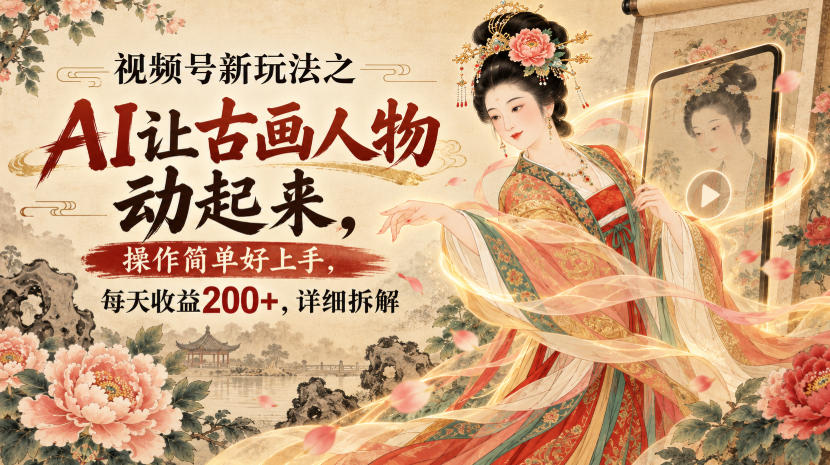 视频号新玩法之AI让古画人物动起来，操作简单好上手，每天收益200+，详细拆解-聚业