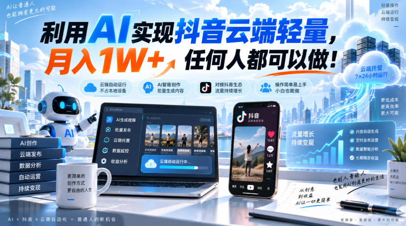 利用AI实现抖音云端轻量,月入1W+,任何人都可以做!【揭秘】-聚业