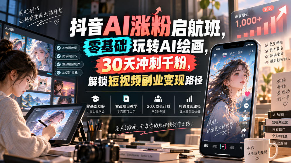 抖音AI涨粉启航班,零基础玩转AI绘画,30天冲刺千粉,解锁短视频副业变现路径-聚业