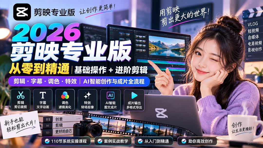 2026剪映专业版从零到精通|基础操作+进阶剪辑|剪辑·字幕·调色·特效|AI智能创作与成片全流程-聚业