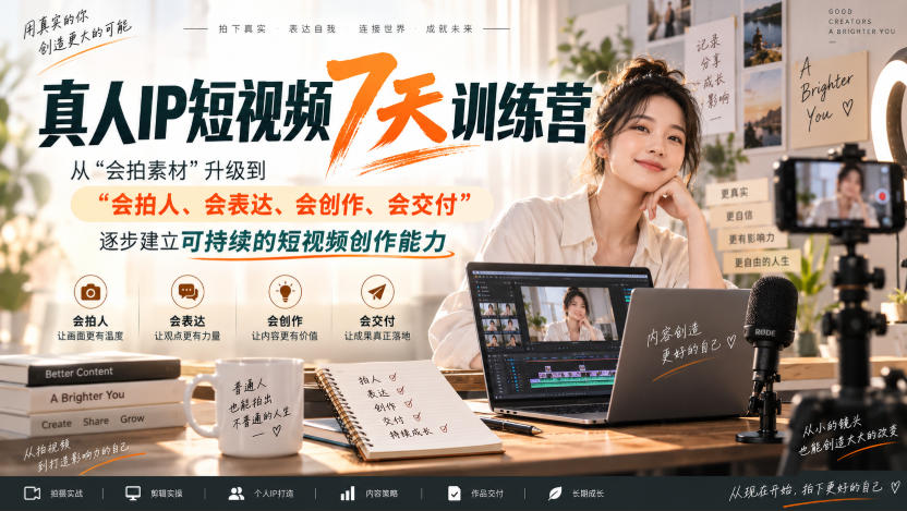 真人IP短视频7天训练营,从“会拍素材”升级到“会拍人、会表达、会创作、会交付”,逐步建立可持续的短视频创作能力-聚业