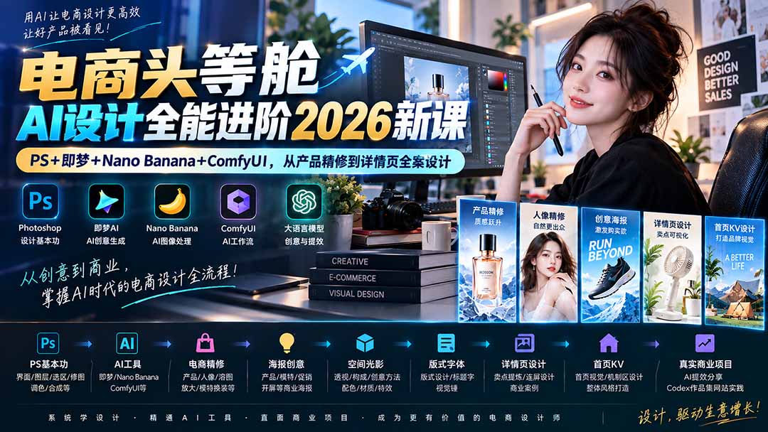 电商头等舱AI设计全能进阶2026新课:PS+即梦+Nano Banana+ComfyUI,从产品精修到详情页全案设计-聚业