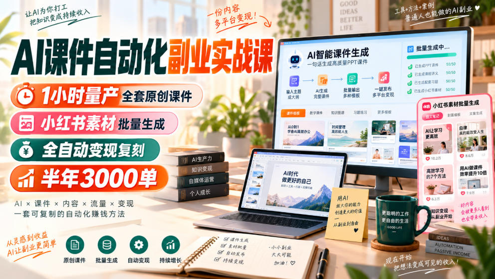 AI课件自动化副业实战课,1小时量产全套原创课件,小红书素材批量生成,全自动变现复刻,半年3000单-聚业