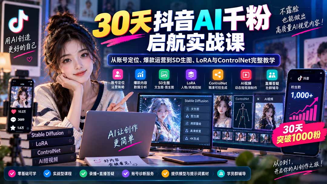 30天抖音AI千粉启航实战课:从账号定位、爆款运营到SD生图、LoRA与ControlNet完整教学-聚业