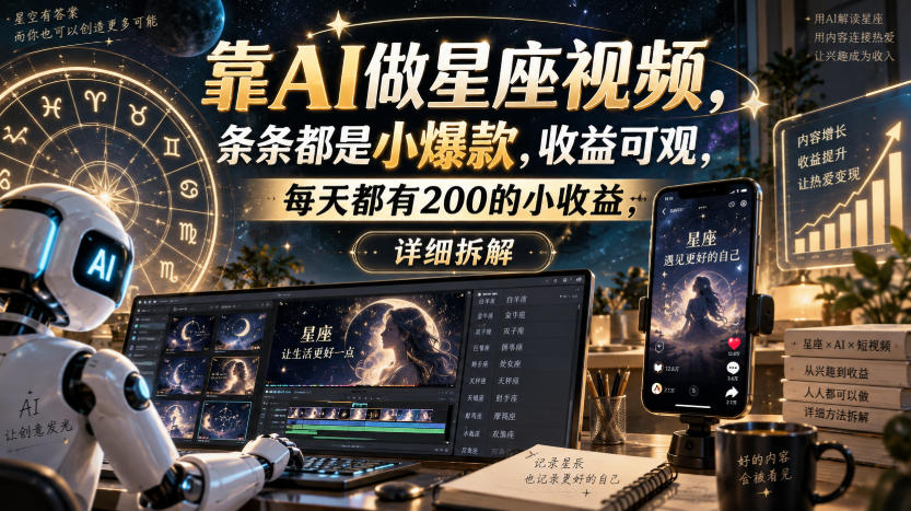 靠AI做星座视频,条条都是小爆款,收益可观,每天都有200的小收益,详细拆解-聚业