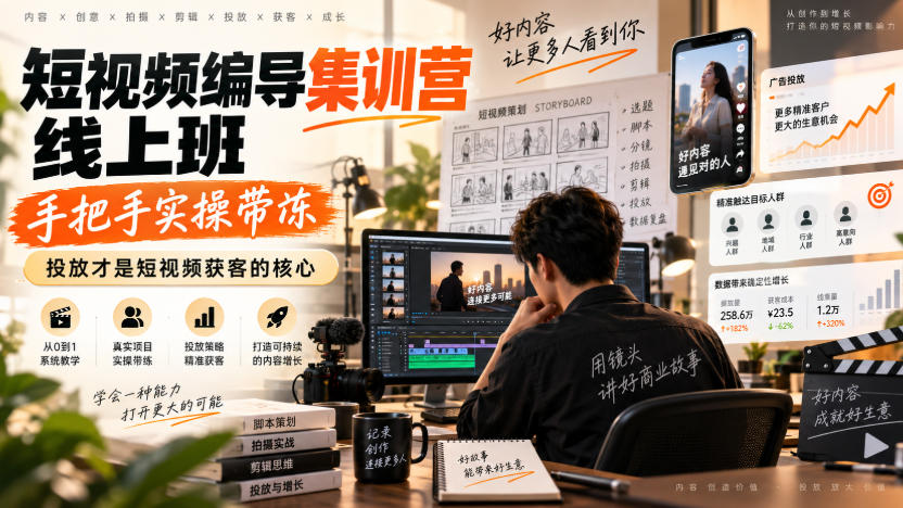 短视频编导集训营线上班,手把手实操带冻,投放才是短视频获客的核心-聚业