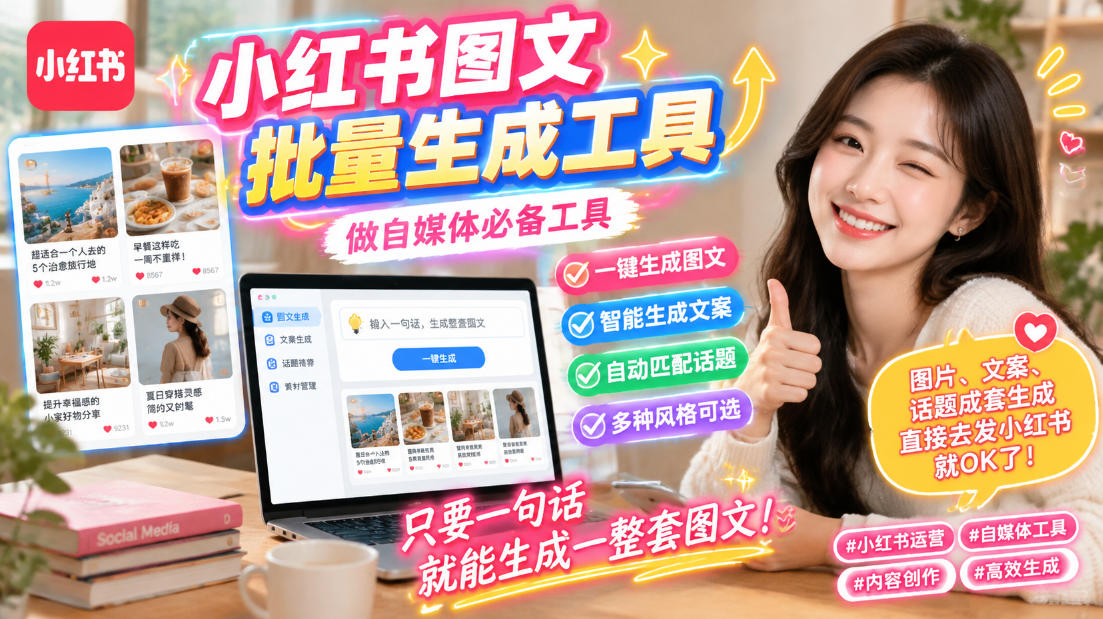 小红书图文批量生成工具,话题、文案、配图一键生成,直接发布,做自媒体必备工具-聚业