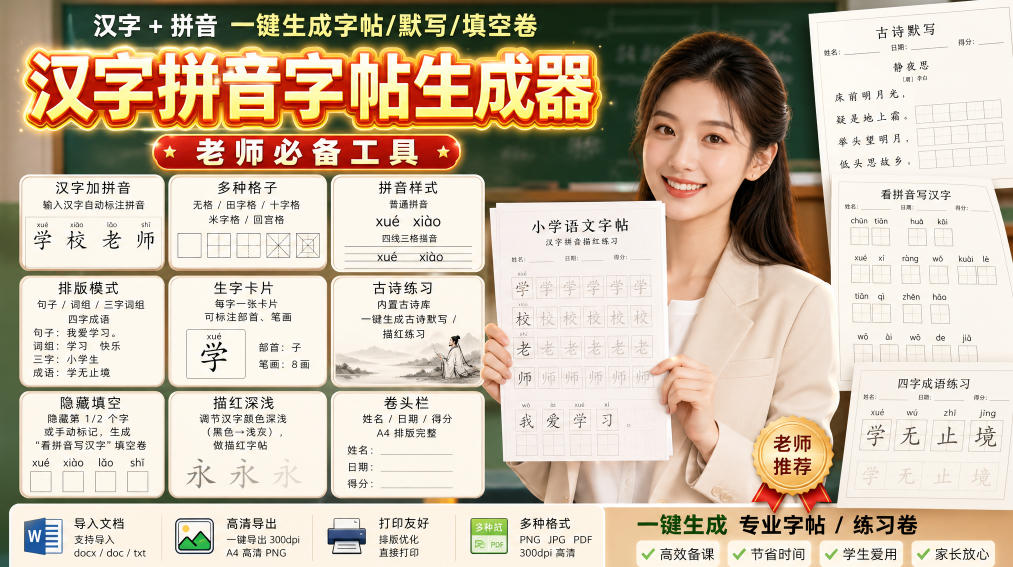 学习神器,汉字拼音字帖生成器,汉字+拼音 一键生成字帖/默写/填空卷,支持词组、成语,老师、家长必备-聚业