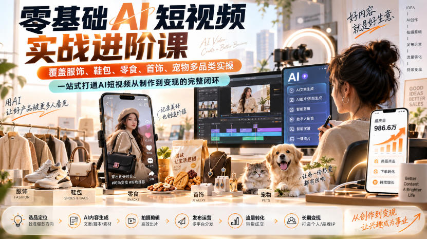 零基础AI短视频实战进阶课,覆盖服饰、鞋包、零食、首饰、宠物多品类实操,一站式打通AI短视频从制作到变现的完整闭环-聚业