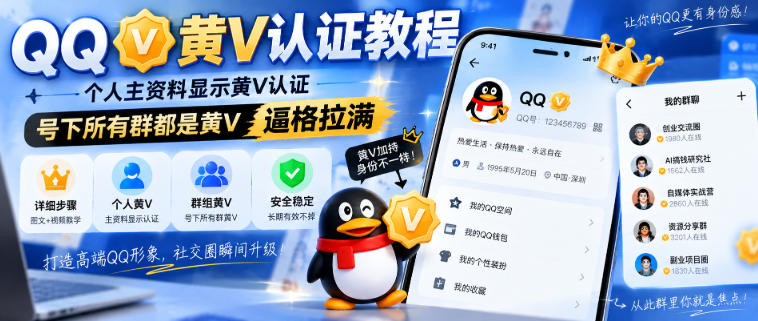 QQ黄V认证教程,个人主资料显示黄V认证,号下所有群都是黄V,逼格拉满-聚业