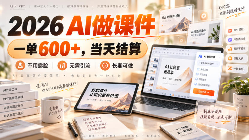 2026 AI做课件，一单600+，当天结算，不用露脸，无需引流，长期可做【揭秘】-聚业