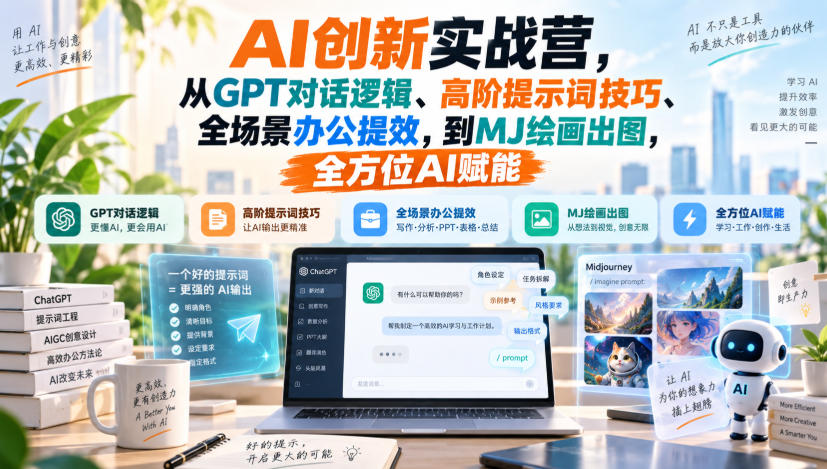 AI创新实战营,从GPT对话逻辑、高阶提示词技巧、全场景办公提效,到MJ绘画出图,全方位AI赋能-聚业