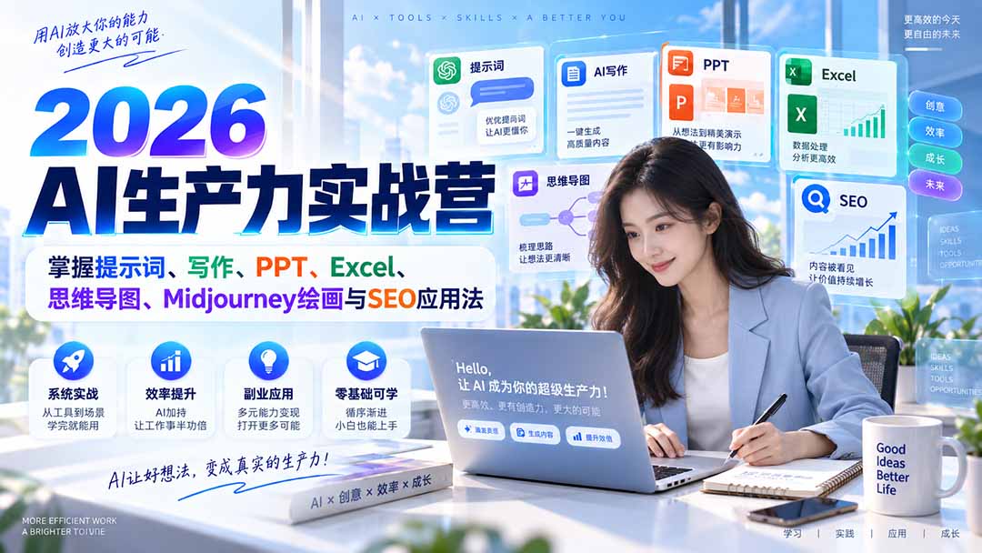 2026AI生产力实战营:掌握提示词、写作、PPT、Excel、思维导图、Midjourney绘画与SEO应用法-聚业