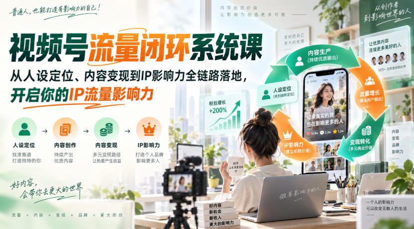 视频号流量闭环系统课,从人设定位、内容变现到IP影响力全链路落地,开启你的IP流量影响力-聚业