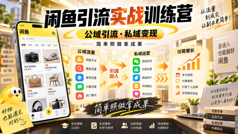 闲鱼引流实战训练营,公域引流·私域变现,简单照做拿成果-聚业
