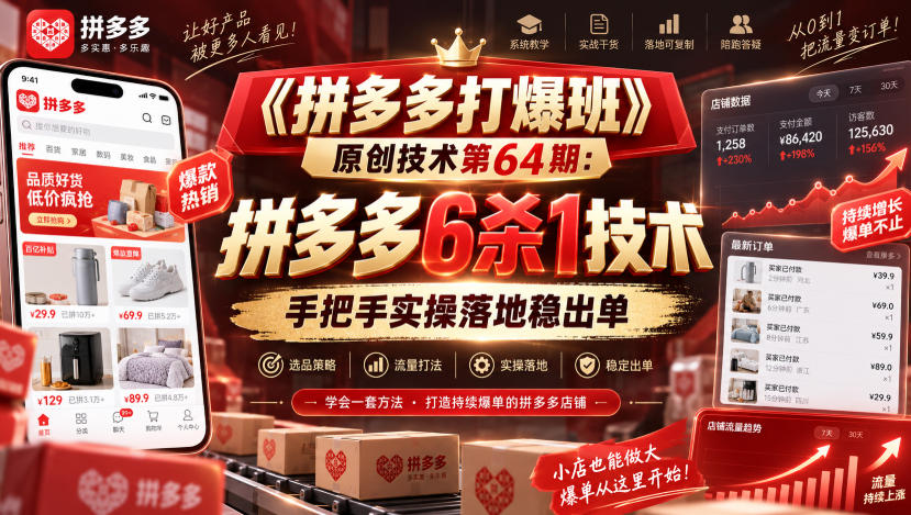 《拼多多打爆班》原创技术第64期:拼多多6杀1技术,手把手实操落地稳出单-聚业