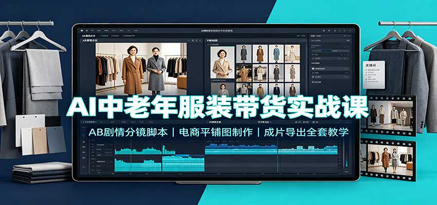 AI中老年服装带货实战课:AB剧情分镜脚本,电商平铺图制作,成片导出全套教学-聚业