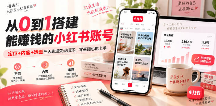 从0到1搭建能賺钱的小红书账号，定位+内容+运营三天跑通变现闭环-聚业