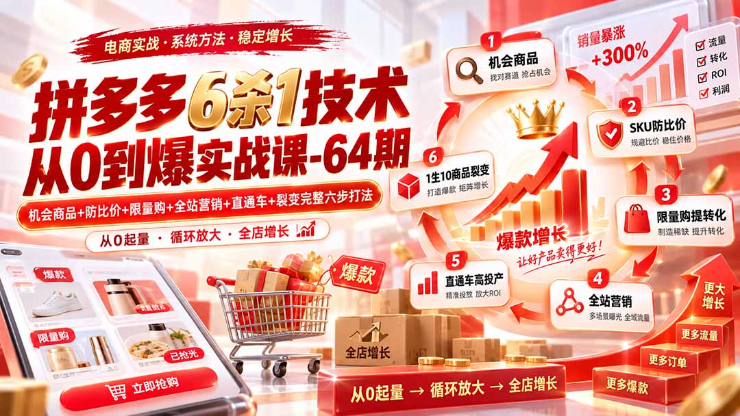 拼多多6杀1技术从0到爆实战课-64期：机会商品+防比价+限量购+全站营销+直通车+裂变完整六步打法-聚业