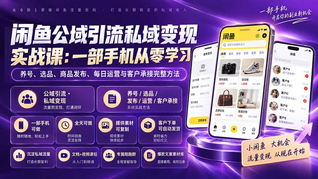 闲鱼公域引流私域变现实战课：一部手机从零学习养号、选品、商品发布、每日运营与客户承接完整方法-聚业