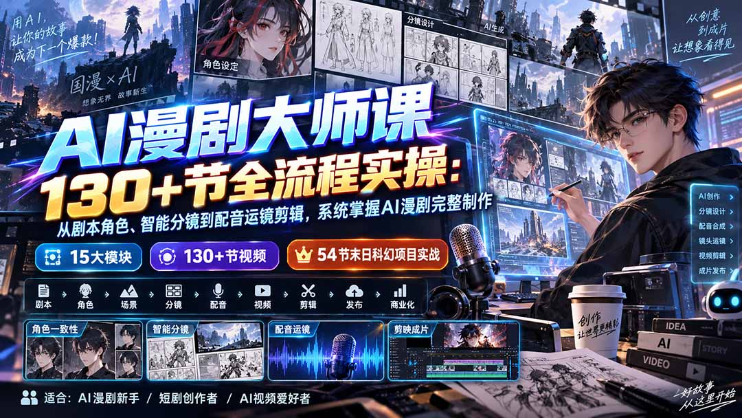 AI漫剧大师课130+节全流程实操：从剧本角色、智能分镜到配音运镜剪辑，系统掌握AI漫剧完整制作-聚业