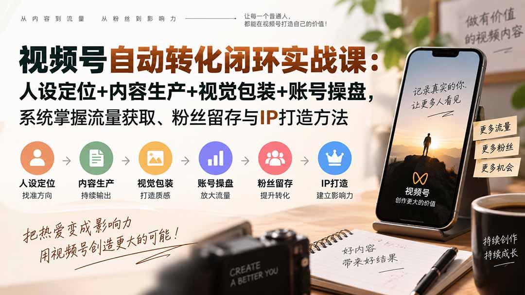 视频号自动转化闭环实战课：人设定位+内容生产+视觉包装+账号操盘，系统掌握流量获取、粉丝留存与IP打造方法-聚业