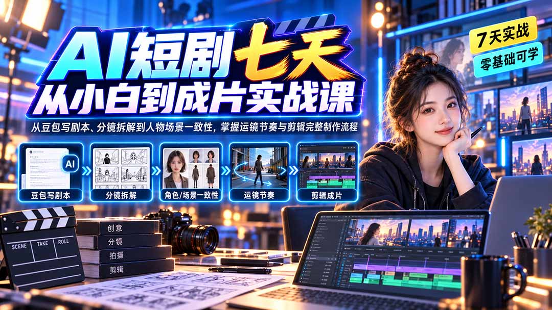AI短剧七天从小白到成片实战课：从豆包写剧本、分镜拆解到人物场景一致性，掌握运镜节奏与剪辑完整制作流程-聚业