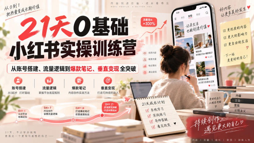 21天0基础小红书实操训练营|从账号搭建、流量逻辑到爆款笔记、垂直变现全突破-聚业