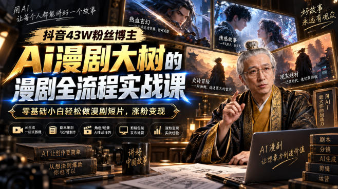 抖音43W粉丝博主Ai漫剧大树的漫剧制作全流程实战课,零基础小白轻松做漫剧短片,涨粉变现-聚业