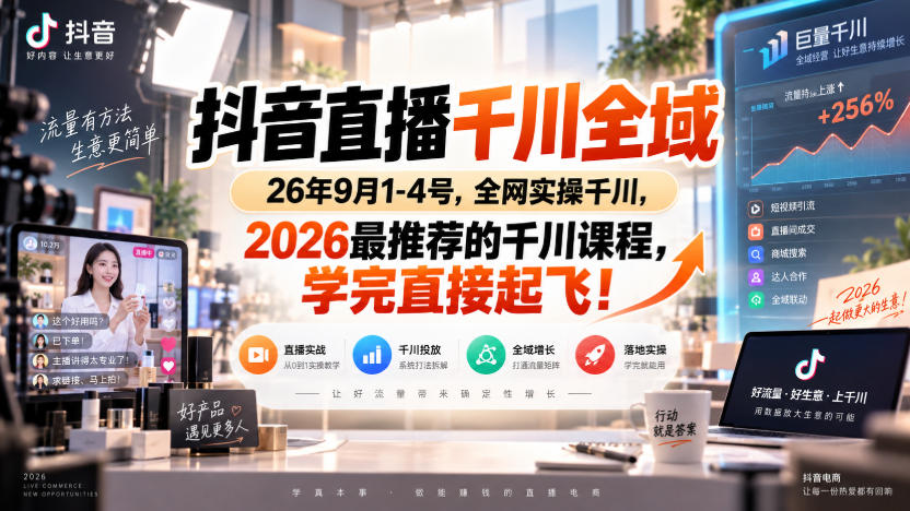 抖音直播千川全域26年9月1-4号,全网实操千川,2026最推荐的千川课程,学完直接起飞!-聚业