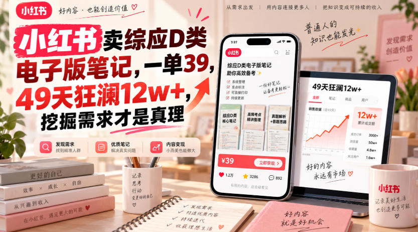 小红书卖综应D类电子版笔记,一单39,49天狂澜12w+,挖掘需求才是真理-聚业