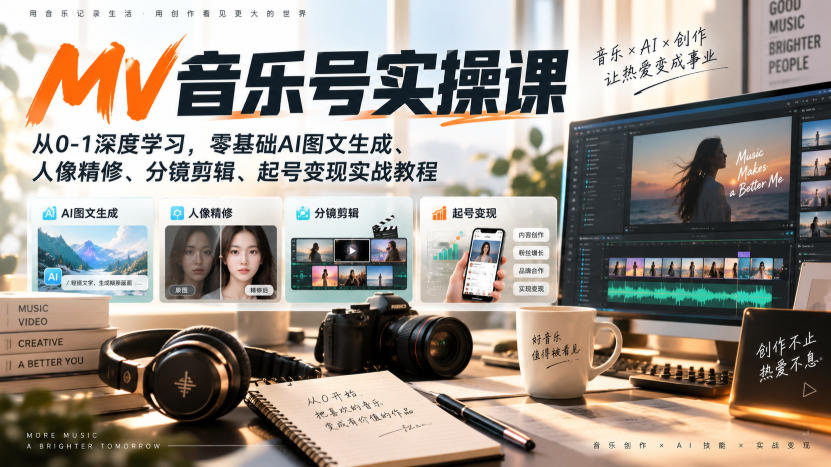 AI MV音乐号实操课,从0-1深度学习,零基础AI图文生成、人像精修、分镜剪辑、起号变现实战教程-聚业