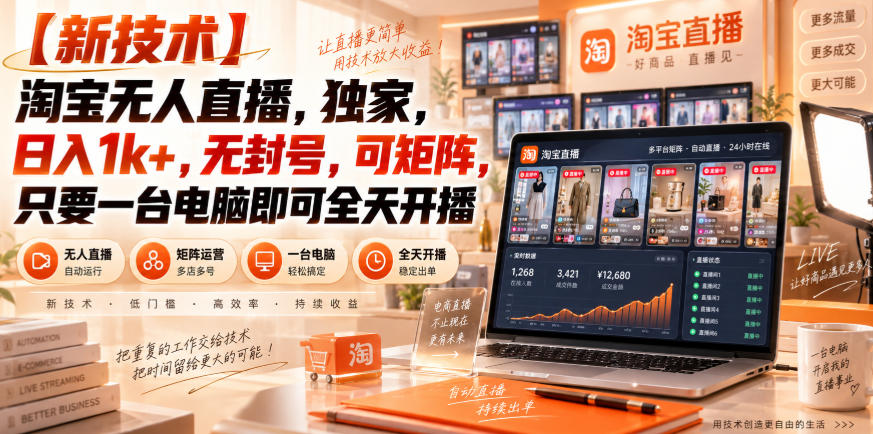 【独家新技术】淘宝无人直播,日入1k+,无封号,可矩阵,只要一台电脑即可全天开播【揭秘】-聚业