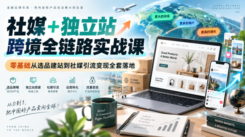 社媒+独立站跨境全链路实战课|零基础从选品建站到社媒引流变现全套落地-聚业