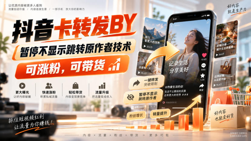 抖音卡转发搬运,暂停不显示跳转原作者技术,可涨粉,可带货-聚业
