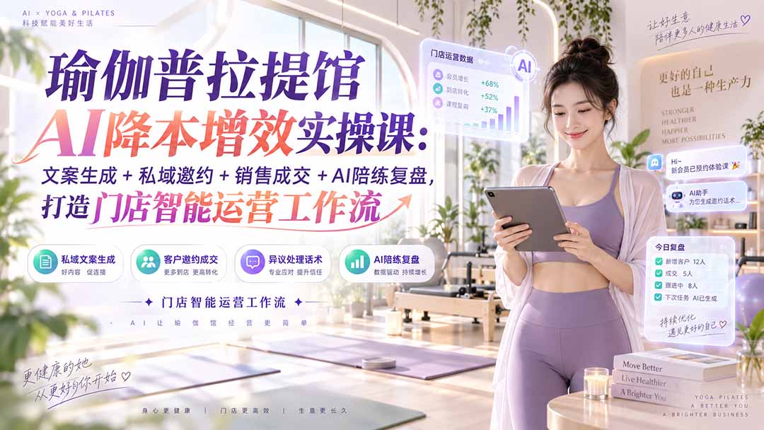 瑜伽普拉提馆AI降本增效实操课:文案生成+私域邀约+销售成交+AI陪练复盘,打造门店智能运营工作流-聚业